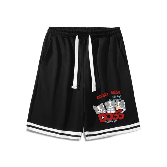 萌芽熊 美式复古条纹基础可爱小狗字母印花系带宽松时尚日常百搭休闲短裤 男女同款