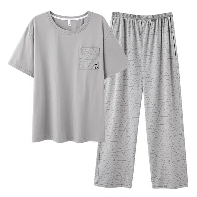 俏薇妮 简约凉感柔软时尚高级感短袖长裤家居服舒适透气休闲宽松可外穿睡衣套装 男款
