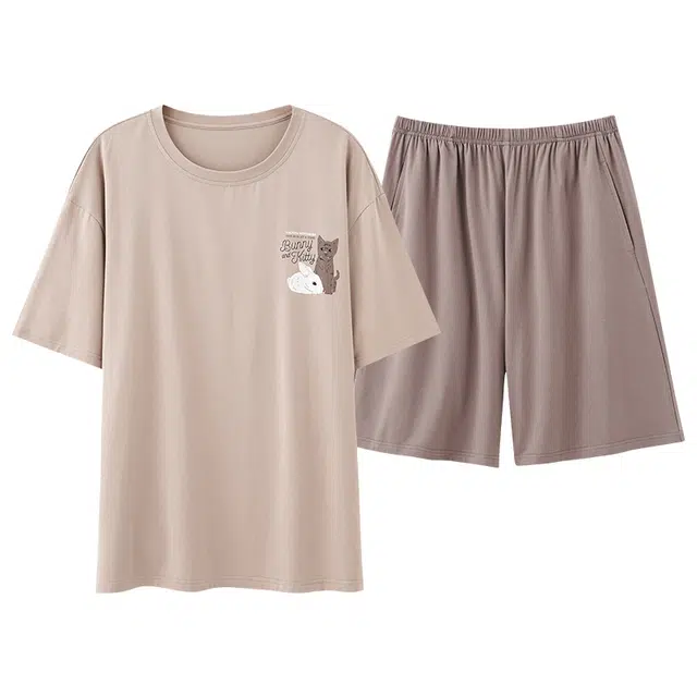 俏薇妮 简约冰丝凉感柔软高级感潮流时尚短袖短裤家居服舒适透气休闲宽松可外穿夏季睡衣套装 男款