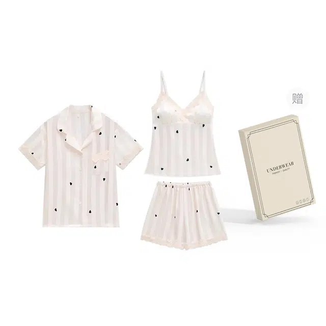 俏韵 冰丝带胸垫性感蕾丝家居服睡衣套装 女款 礼盒装