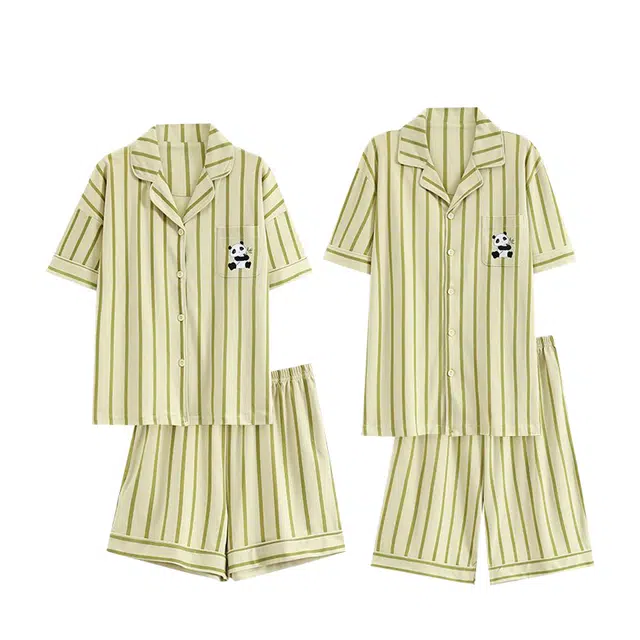俏韵 卡通条纹熊猫短袖短裤薄款翻领家居服睡衣套装 男女同款