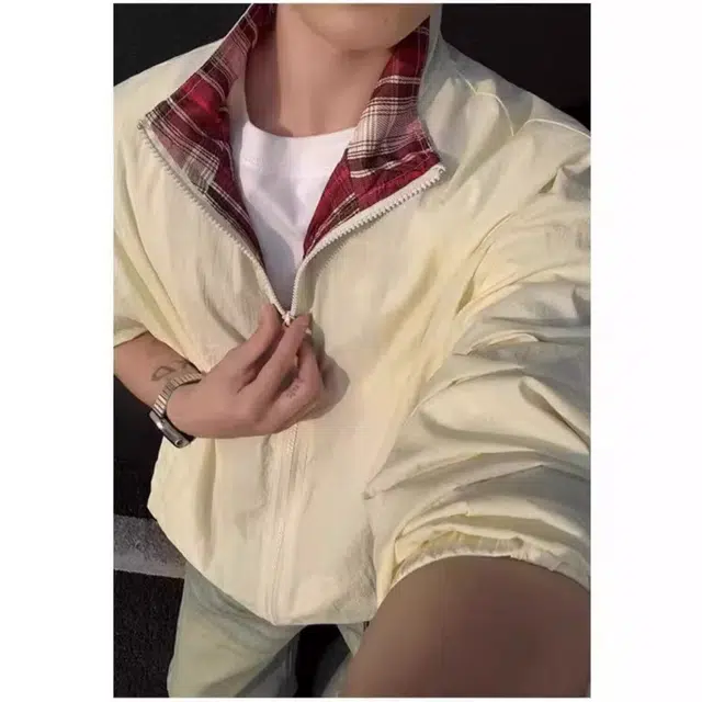 木木兔 户外百搭街头休闲运动薄款简约轻便韩版小众设计机能连帽格子拼接防晒服 男款