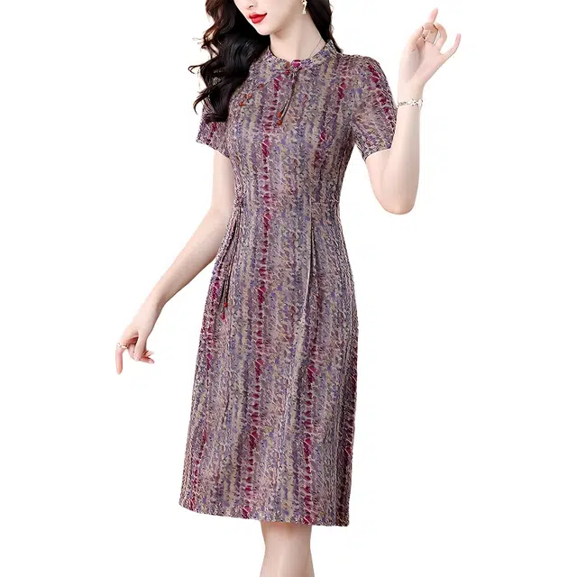 水中花 妈妈装时尚印花裙子洋气短袖连衣裙 女款