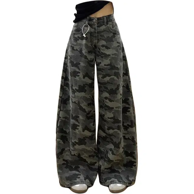 如续 美式工装高腰阔腿拖地裤子潮迷彩休闲裤 女款
