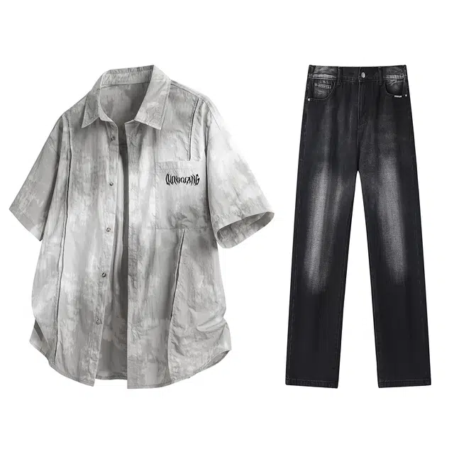 敦煌博物馆 美式复古学院风扎染翻领短袖上衣废土做旧水洗磨白直筒牛仔裤衬衫套装 男女同款