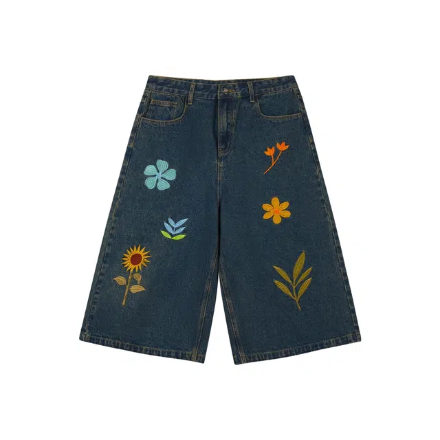 哲源 美式高街复古风向日葵植物花卉刺绣小众设计感薄款百搭七分阔腿裤日常通勤舒适宽松牛仔短裤 男女同款