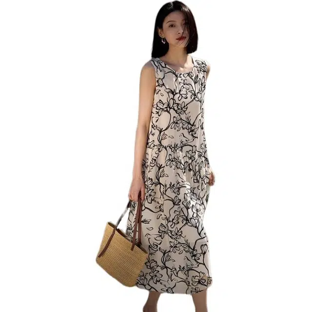 水中花 法式复古时尚优雅宽松圆领气质印花度假风无袖连衣裙 女款