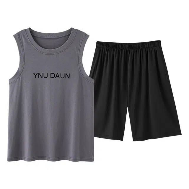俏薇妮 简约凉感柔软纯色高级感时尚字母背心短裤家居服舒适透气休闲宽松可外穿夏季睡衣套装 男款
