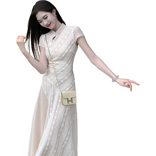 水中花 新中式国风长裙收腰显瘦高级感条纹提花优雅气质旗袍无袖连衣裙 女款