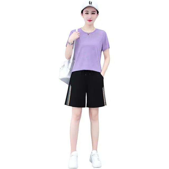 新世家族 气质时尚百搭透气简约短袖短裤休闲套装 女款