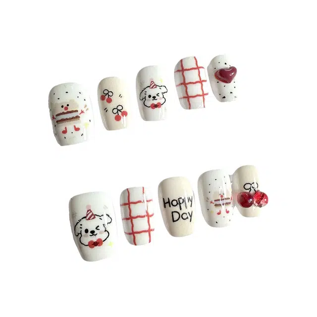 计轩 卡通穿戴甲指甲贴片纯手工美甲假指甲  短款白色晕染 可爱