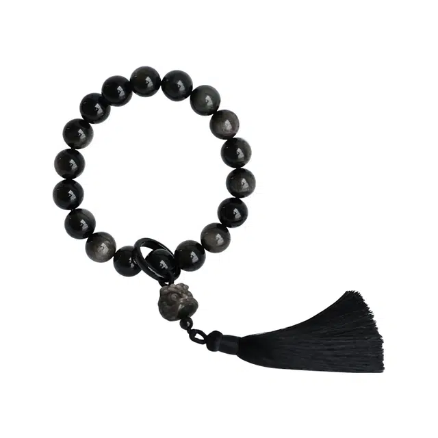 宣华意 醒狮手持文玩跑环流苏古风国潮念珠佛珠转运珠 诸事顺遂#好运 黑曜石 手串 男女同款情侣款