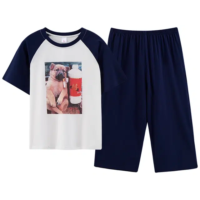 莫代尔 个性百搭休闲简约时尚圆领纯棉宽松显瘦舒适柔软细腻不易起球短袖七分裤家居服可外穿睡衣套装 女款