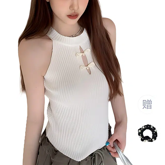 雾闪闪 新中式盘扣镂空针织工字设计感露肩性感辣妹修身无袖背心 女款