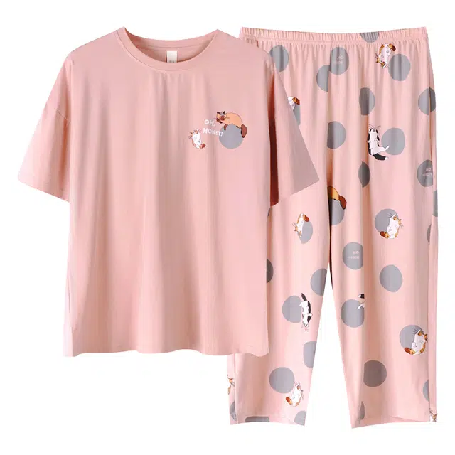 莫代尔 宽松显瘦休闲简约个性圆领纯棉时尚气质百搭大方不易起球短袖七分裤家居服可外穿睡衣套装 女款