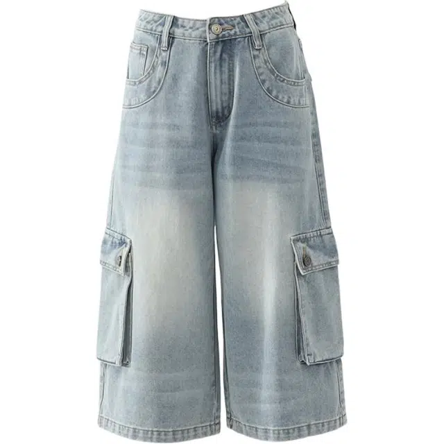 拾籍 美式高街复古高腰多口袋七分裤百搭舒适宽松直筒阔腿工装短裤 女款