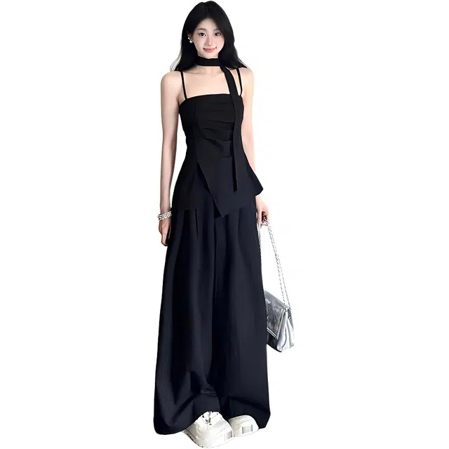 木清清 搭配一整套纯欲风辣妹修身无袖吊带高腰阔腿裤两件套裙装套装 女款