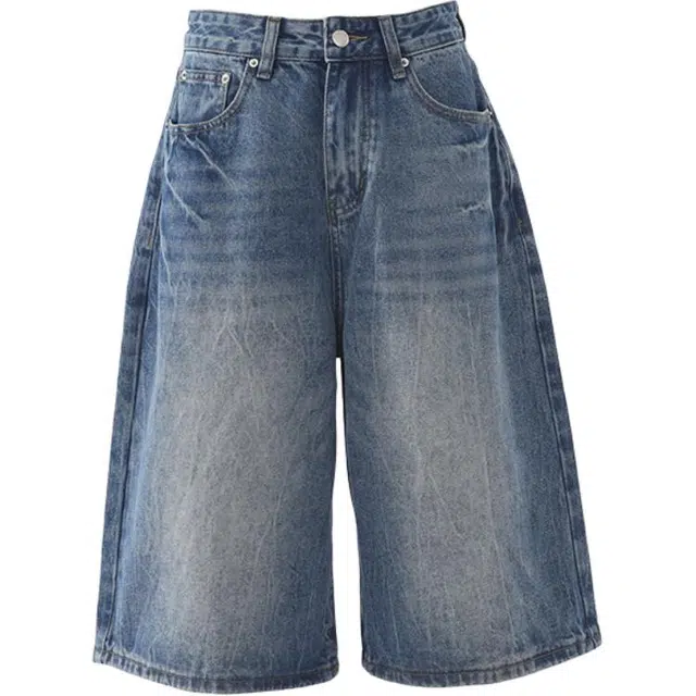 拾籍 时尚潮流复古高腰设计宽松七分裤百搭舒适阔腿牛仔短裤 女款