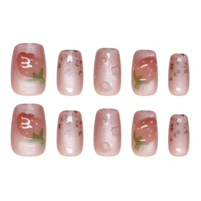 计轩 美甲穿戴猫眼显白水蜜桃石贴片手工可拆卸指甲  短款粉色晕染 草莓