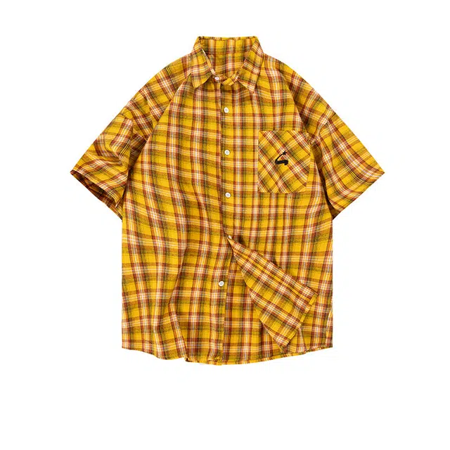 欧路得 多巴胺格子潮牌情侣款开衫宽松休闲衬衣外套短袖衬衫 男款