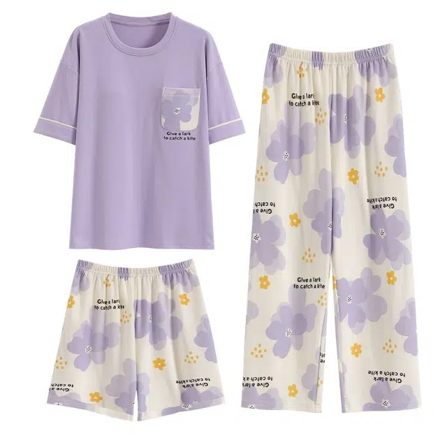 顶瓜瓜 植物花卉甜美风休闲三件套家居夏季睡衣套装 女款