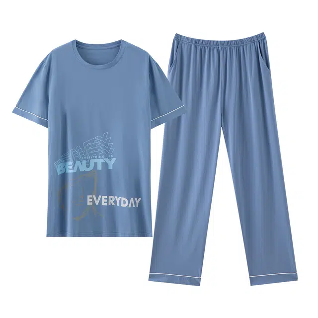 梦特娇 裸感舒适亲肤可外穿家居服透气宽松短袖圆领夏季睡衣套装 男款