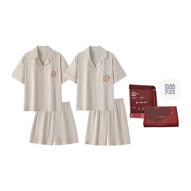 顶瓜瓜 短袖短裤翻领开衫可爱卡通卡皮巴拉休闲舒适家居夏季睡衣礼盒 男女同款