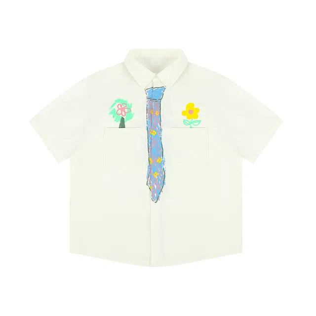 港仔文艺男 趣味涂鸦日系休闲学院风翻领纯色设计衬衣百搭慵懒少年感短袖衬衫 男女同款
