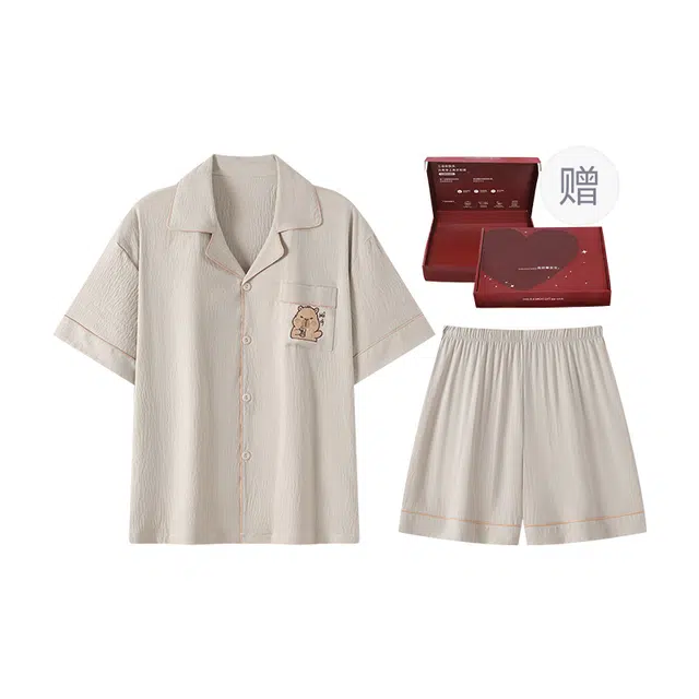 顶瓜瓜 短袖短裤翻领开衫可爱卡通卡皮巴拉休闲舒适家居夏季睡衣礼盒 男女同款