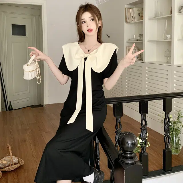 雾闪闪 可拆卸领子显瘦娃娃领设计感收腰赫本风短袖连衣裙 女款