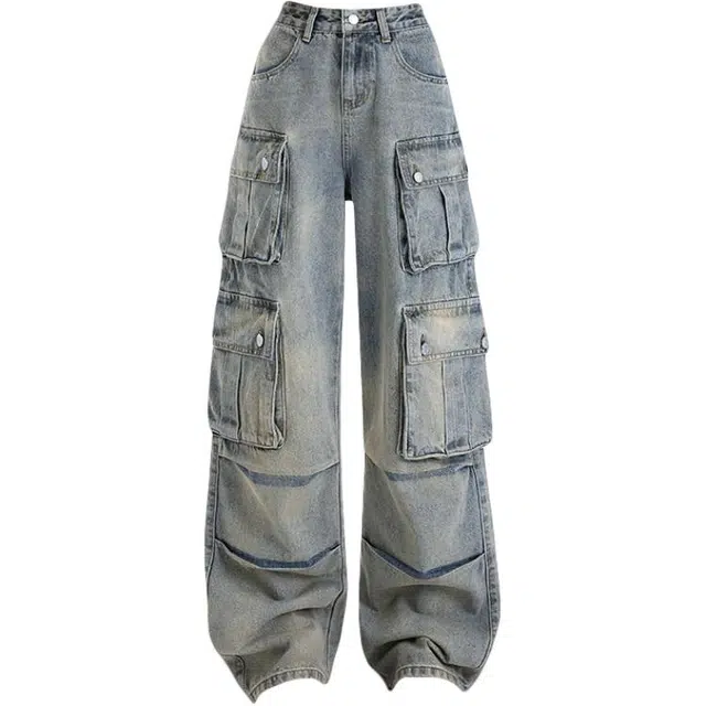 拾籍 美式设计感多口袋直筒工装裤街头时尚高腰宽松阔腿休闲裤牛仔裤 女款