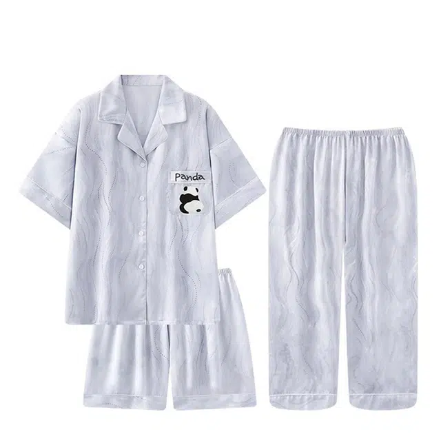 俏韵 翻领冰丝绸短袖长裤三件套高级感熊猫家居服可外穿夏季睡衣套装 男款