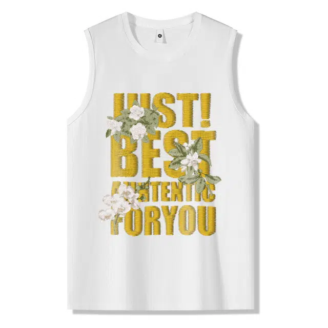 棉基因 夏季宽松圆领纯棉外穿刺绣图案打底衫篮球运动数字奢华质感创意英文个性字母坎肩无袖背心 男女同款