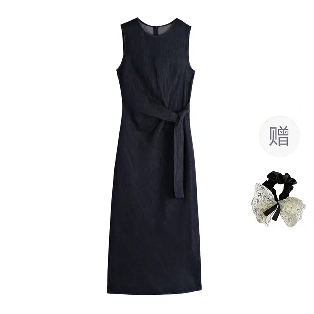 涂诗菲 法式时髦扭结绑带设计感纯色收腰显瘦圆领牛仔无袖连衣裙 女款