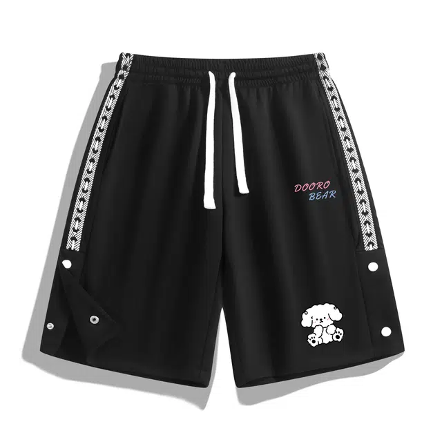 萌芽熊 美式复古条纹基础款可爱小狗字母印花系带宽松时尚日常百搭休闲短裤 男女同款