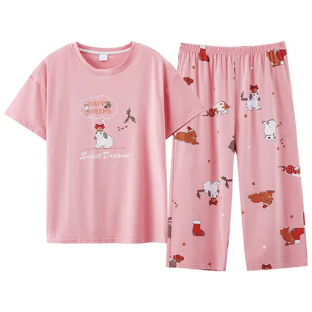 莫代尔 百搭时尚气质个性大方圆领纯棉舒适柔软亲肤细腻不易起球短袖七分裤家居服可外穿睡衣套装 女款