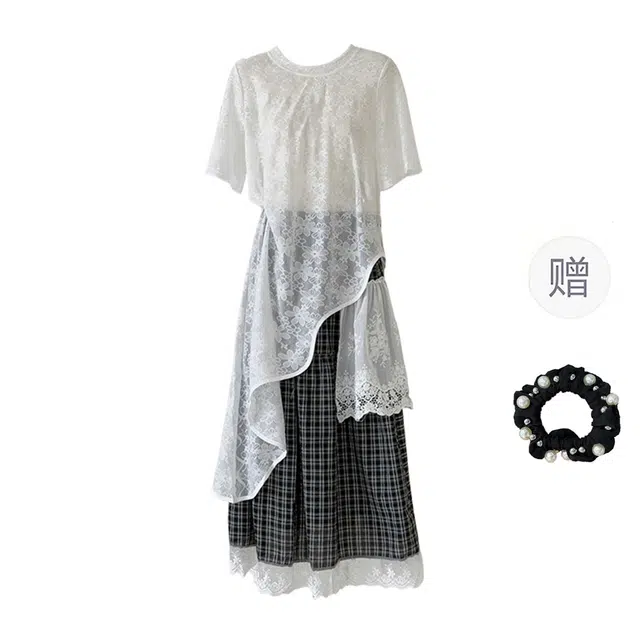 雾闪闪 慵懒松弛感御姐风不规则蕾丝上衣格子半身裙裙装套装 女款