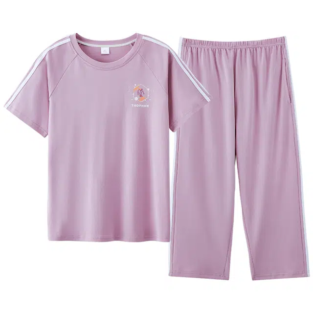 莫代尔 休闲简约舒适轻柔细腻圆领套头时尚百搭宽松显瘦不易起球短袖七分裤家居可外穿睡衣套装 女款