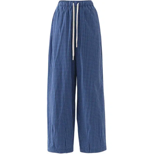 拾籍 美式复古高腰设计抽绳格子宽松舒适阔腿裤女夏季穿着垂感直筒款式休闲裤 女款