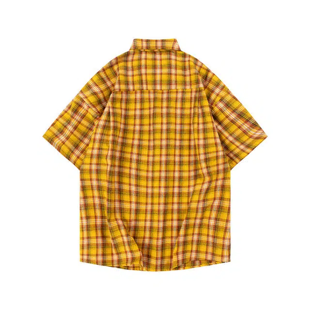 欧路得 多巴胺格子潮牌情侣款开衫宽松休闲衬衣外套短袖衬衫 男款
