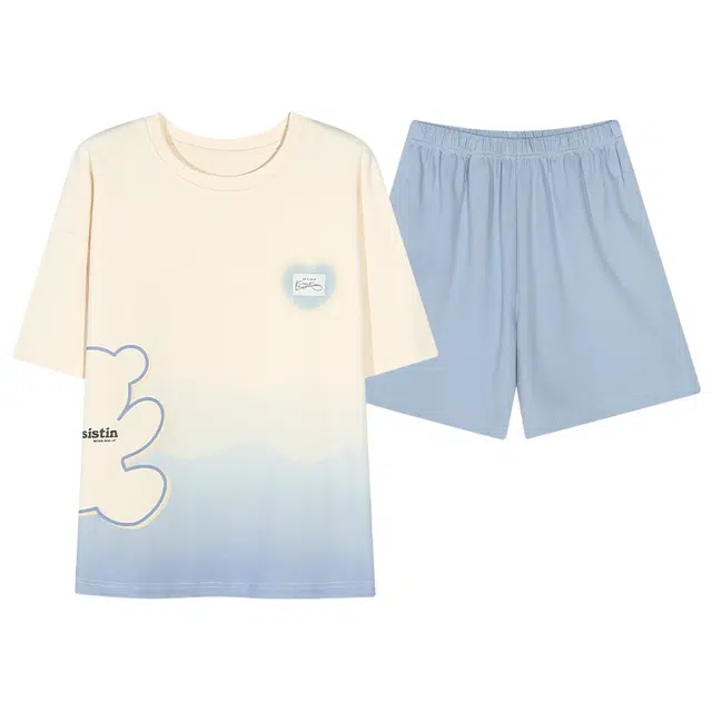 梦特娇 渐变卡通小熊圆领短袖短裤透气睡衣套装 女款