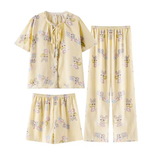 俏韵 圆领卡通三件套舒适休闲家居服可外穿夏季睡衣套装 女款