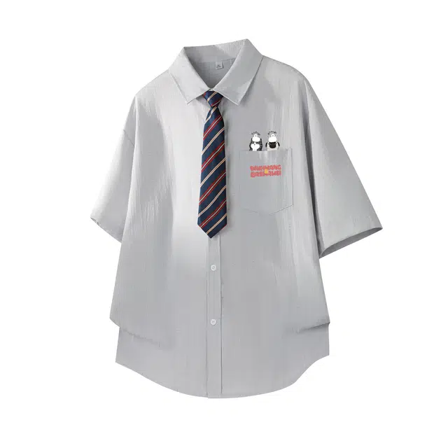 吾皇猫 趣味字母卡通动漫美式学院风提花凉感翻领纽扣休闲宽松百搭短袖衬衫 男女同款
