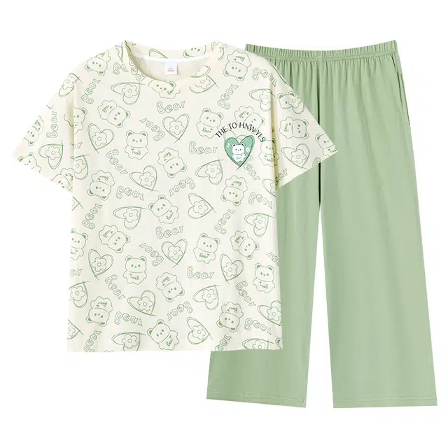 莫代尔 清新休闲简约舒适轻柔圆领纯棉时尚气质百搭宽松短袖七分裤不易起球家居服可外穿睡衣套装 女款