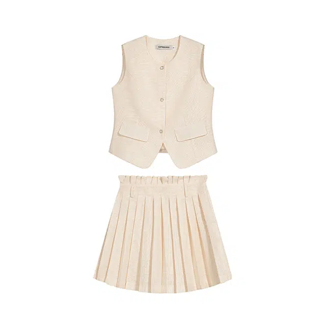 思蓓儿 小香风短裙女轻奢高级感马甲百褶裙装套装 女款