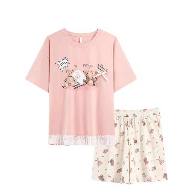 俏韵 圆领卡通短袖短裤可爱套头带胸垫甜美家居服可外穿夏季款睡衣套装 女款