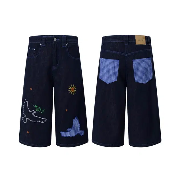 物质公式 万针刺绣美式高街复古潮牌格子贴布绣趣味图案设计感无性别主义潮流宽松百搭纯色基础款简约阔腿直筒七分牛仔短裤 男女同款