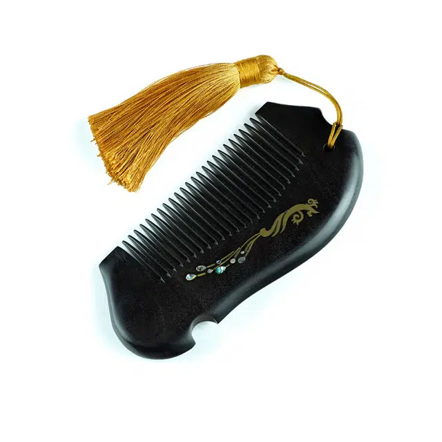 聆听花开 新中式孔雀好运鱼形梳檀木镶嵌银铜贝壳镙钿流苏高级感按摩 黑檀 梳子 女款