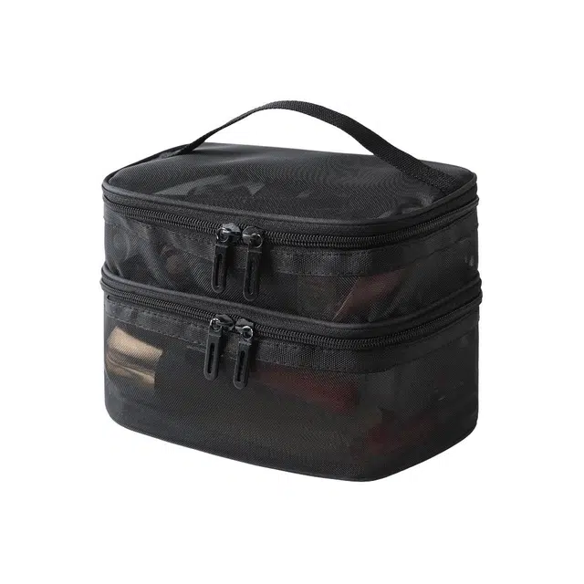 馨枕居 网纱透明化妆包大容量 旅行简约便携洗漱包双层手提化妆品收纳包