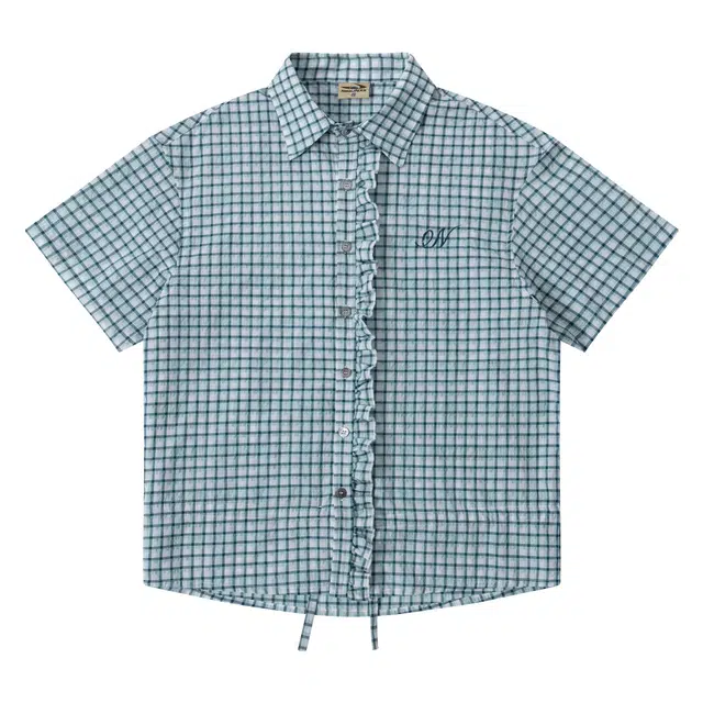 江南先生 美式复古风泡泡纱面料轻薄透气下摆抽绳可调节荷叶边门襟格子短袖多彩格纹衬衫 女款